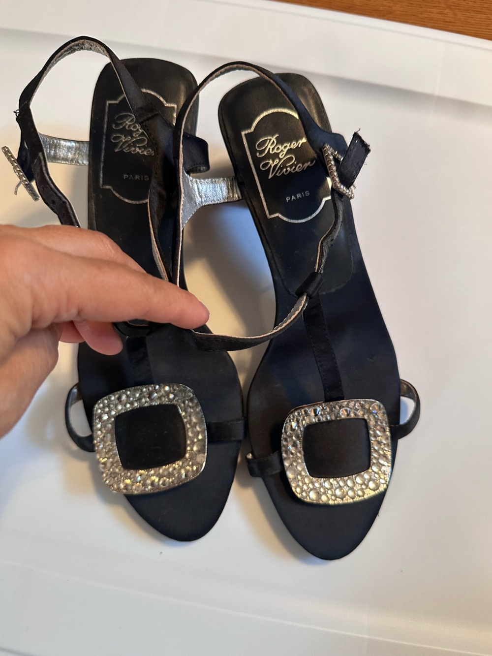 Roger Vivier Black Satin Slingback Sandals with Rhinestone Buckles size 39